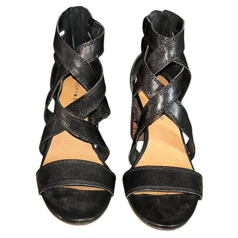 Lucky Brand Vyrah Black Leather Crisscross Strappy Sandal 3" Heels 7.5 - Picture 2 of 7